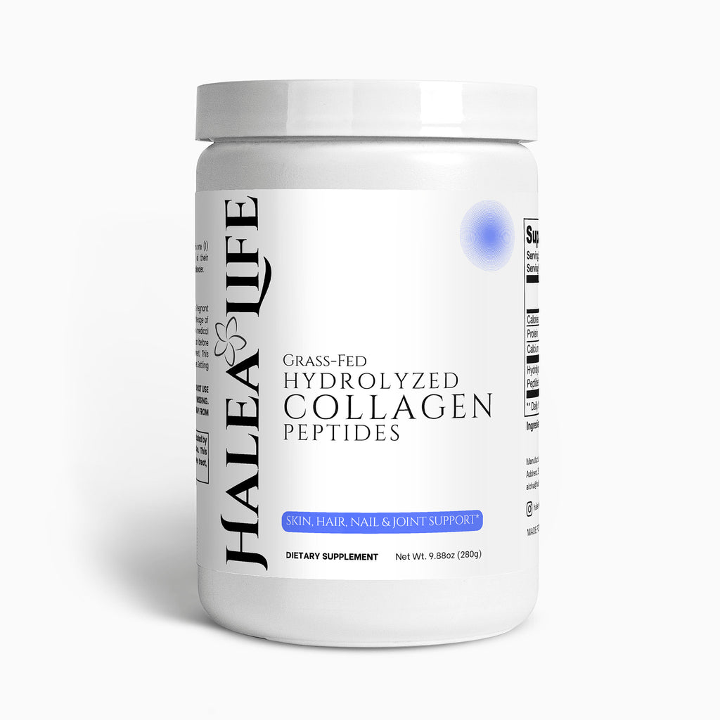 Halea Life grass-fed hydrolyzed collagen peptides container on a white background