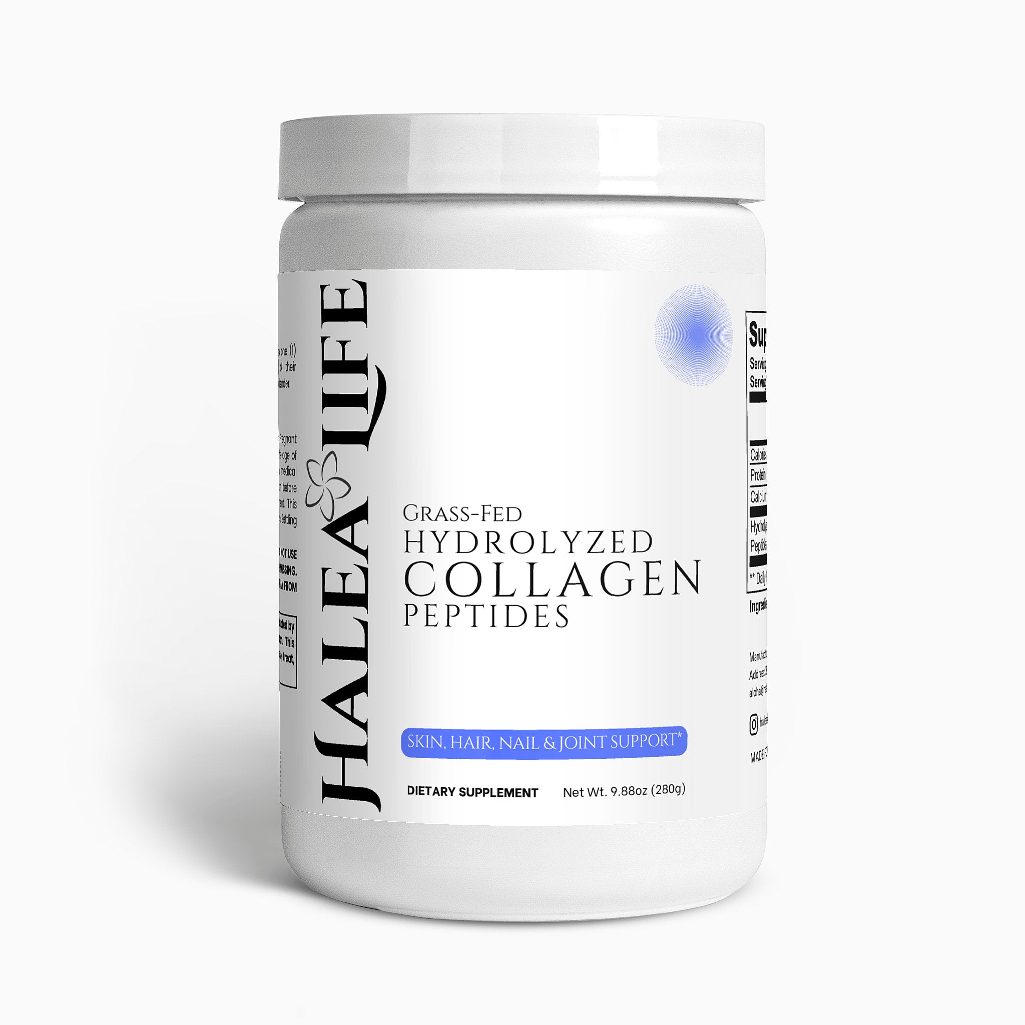 Halea Life grass-fed hydrolyzed collagen peptides container on a white background