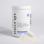 Container of Halea Life grass-fed hydrolyzed collagen peptides on a light gray background