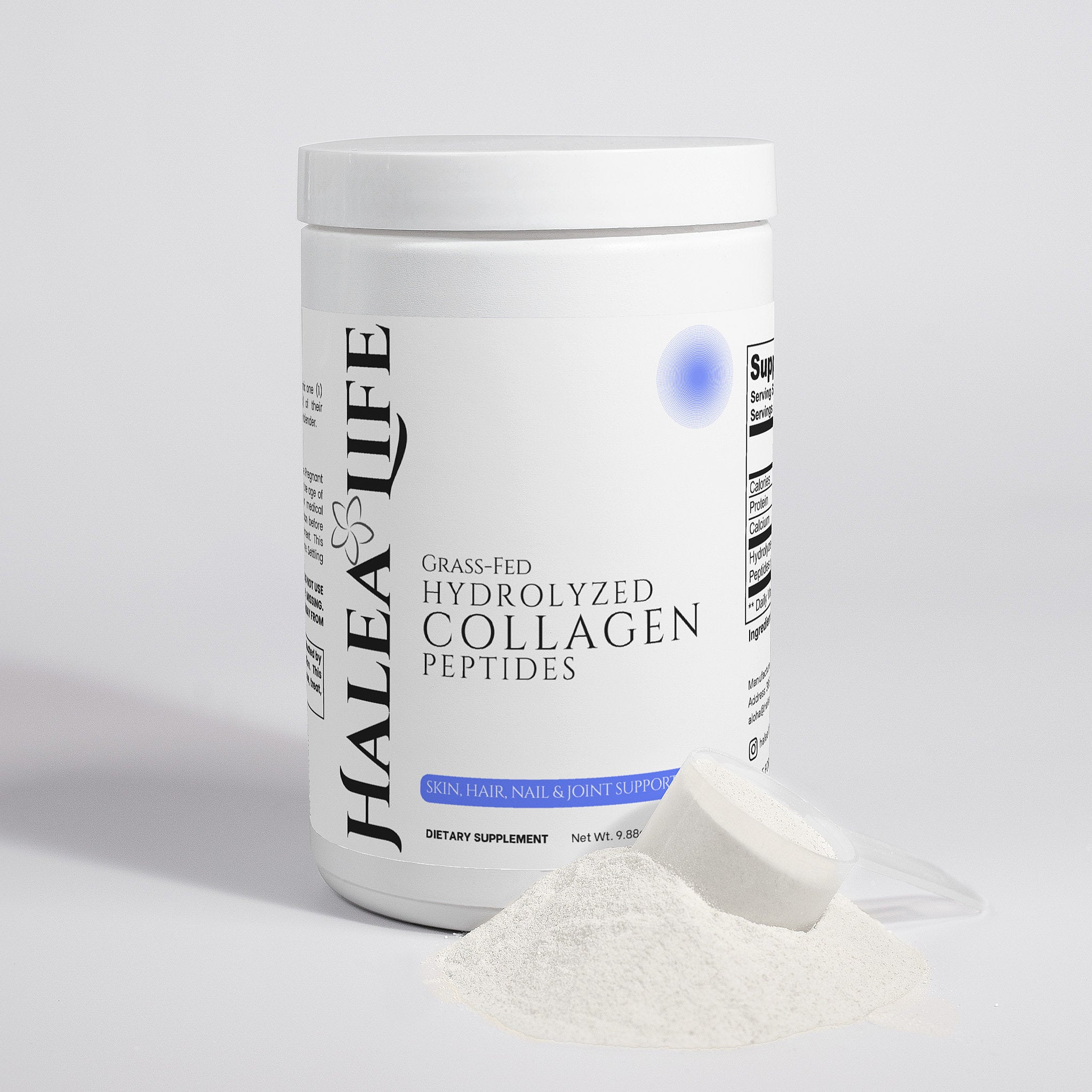 Container of Halea Life grass-fed hydrolyzed collagen peptides on a light gray background