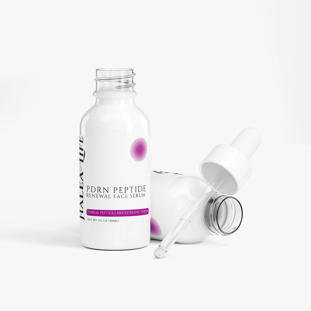 Peptide renewal face serum bottle with dropper on a white background