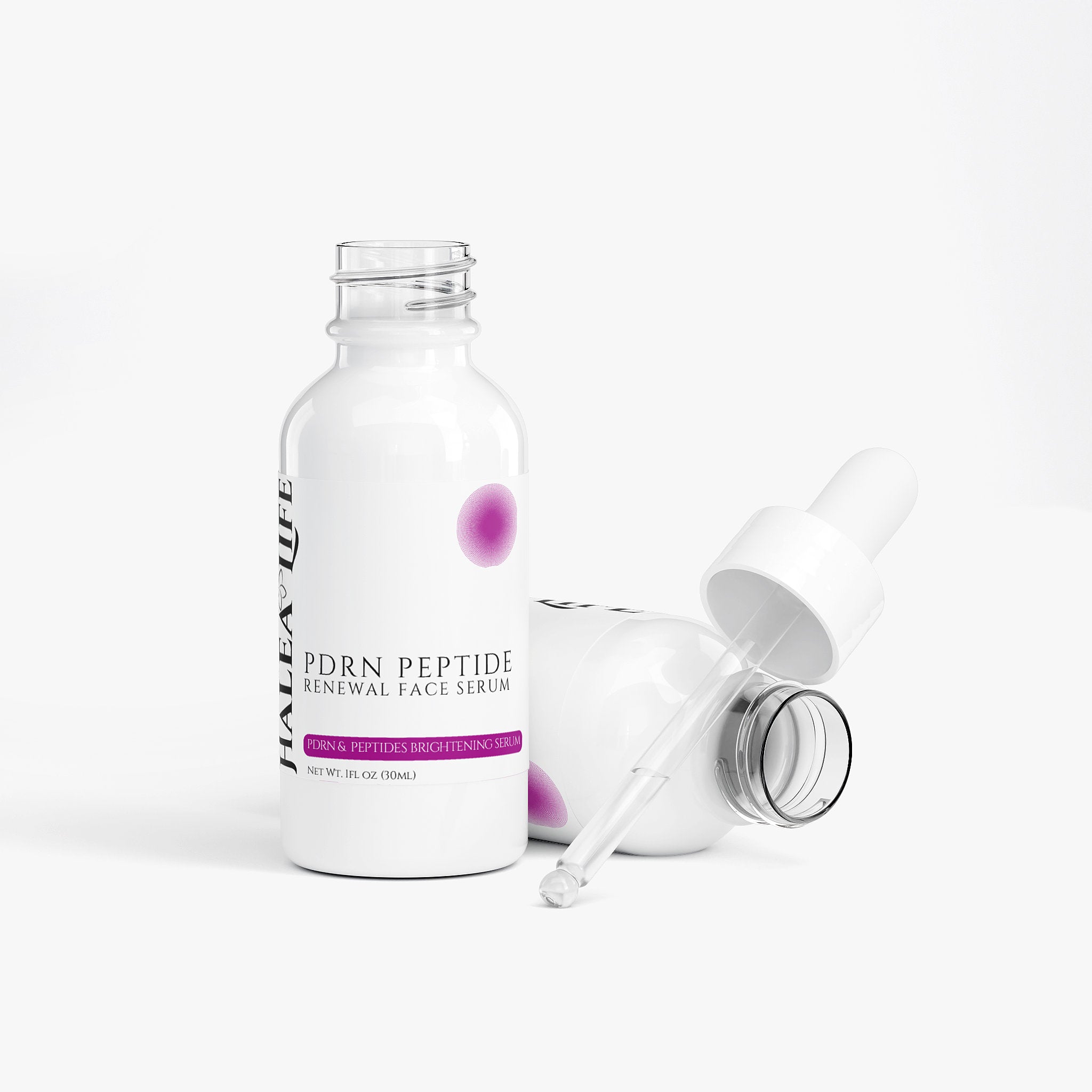 Peptide renewal face serum bottle with dropper on a white background