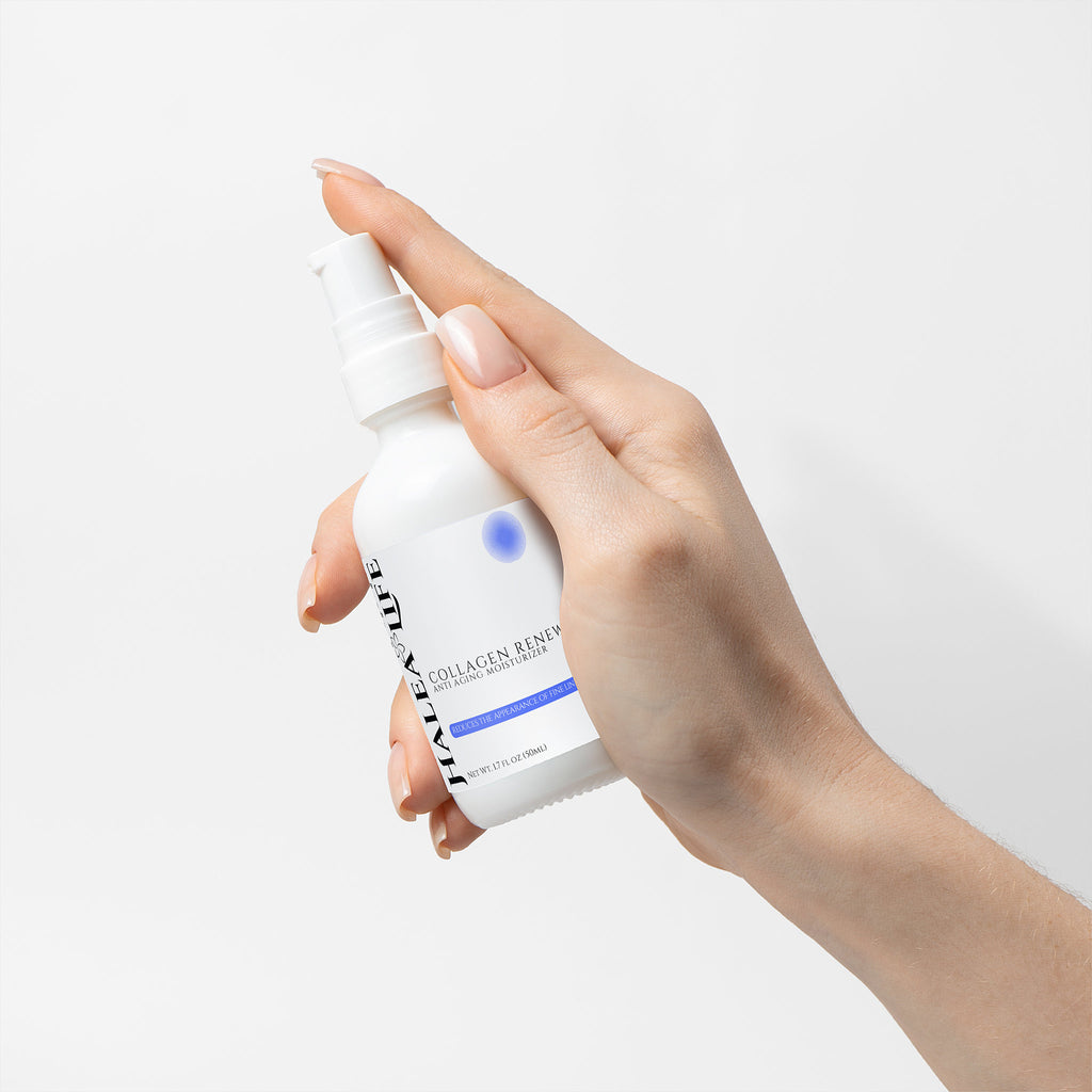 Hand holding a white bottle labeled 'Collagen Renewal' against a light gray background