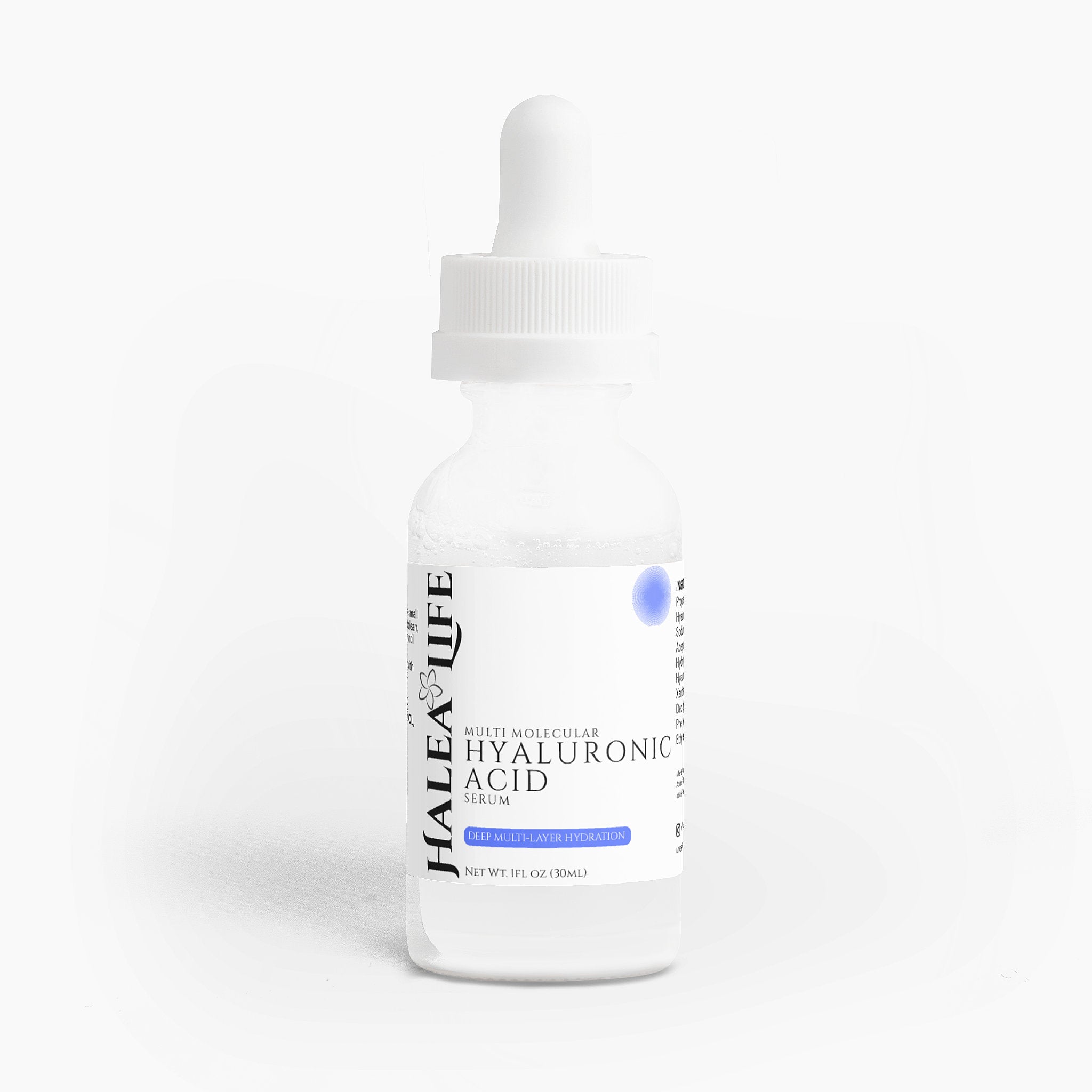 Hyaluronic acid serum bottle with dropper on a white background
