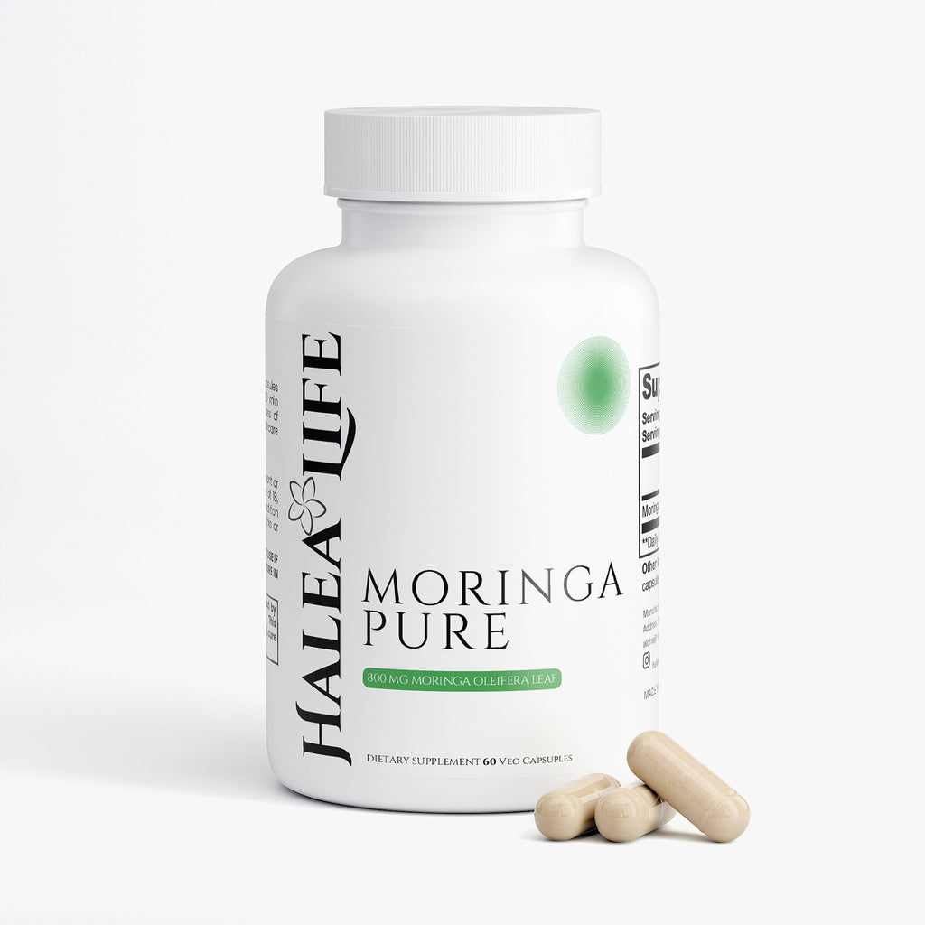 Halea Life Moringa Pure supplement bottle with capsules on a white background