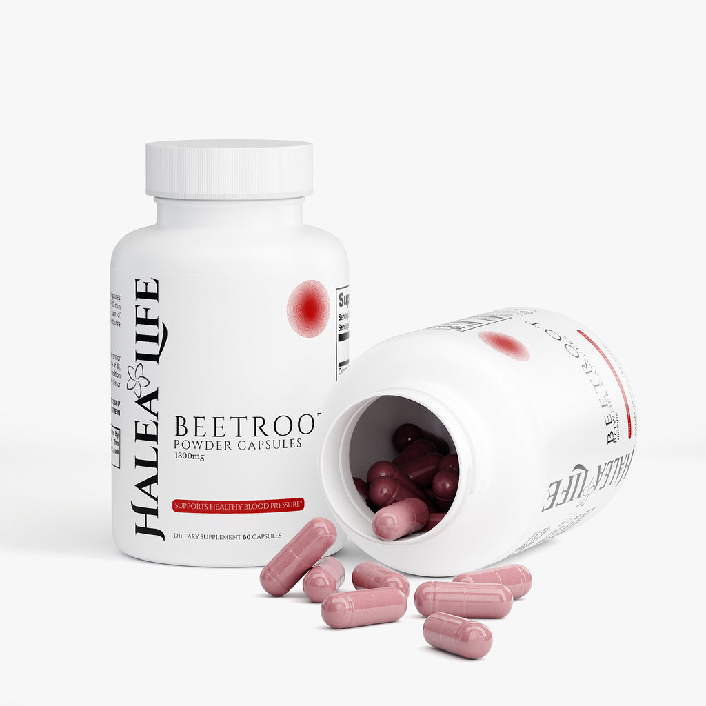 Halea Life Beetroot Powder Capsules with open bottle on a white background