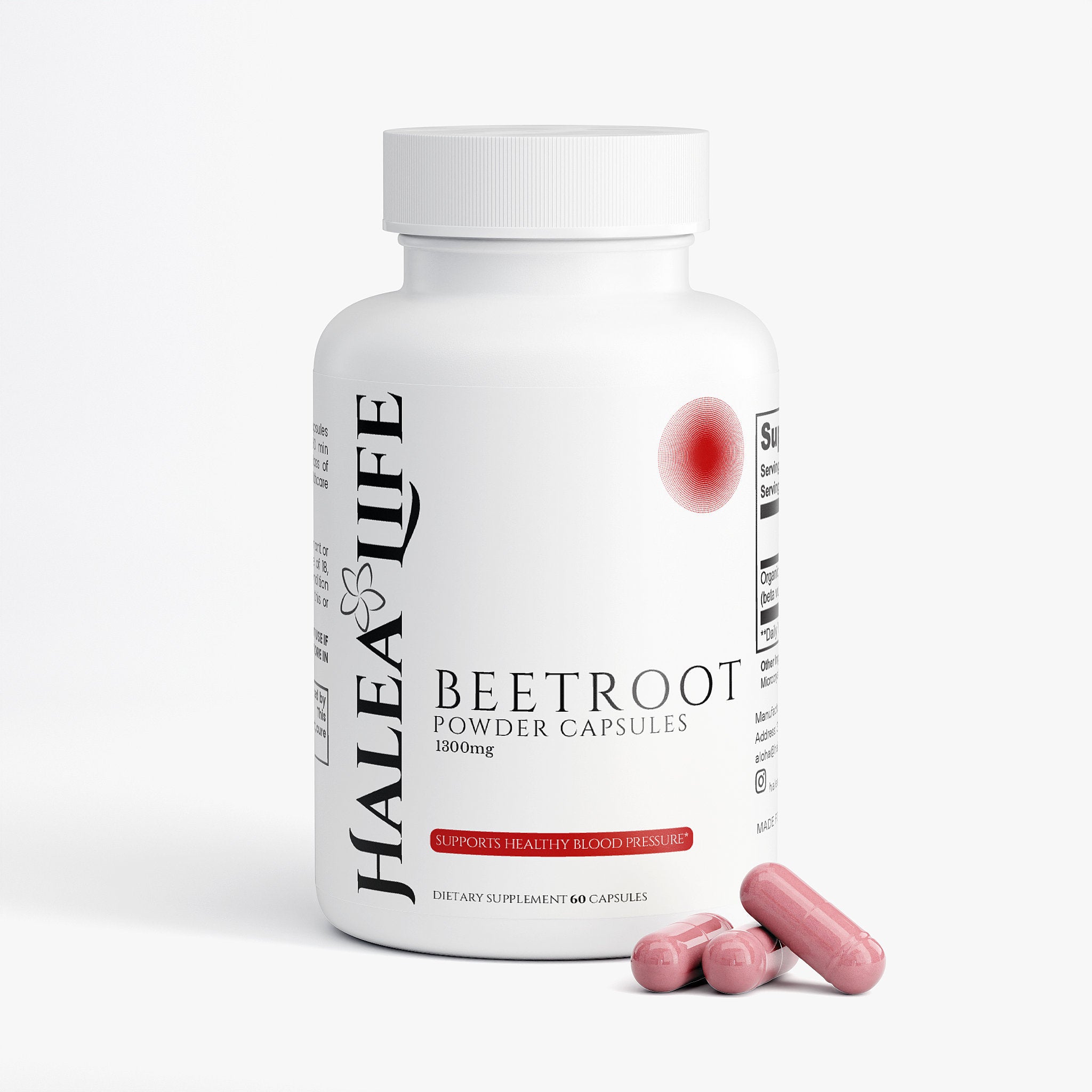 Halea Life Beetroot Powder Capsules bottle with two pink capsules on a white background