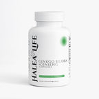 Supplement bottle labeled 'Halea Life Ginkgo Biloba + Ginseng' on a white background