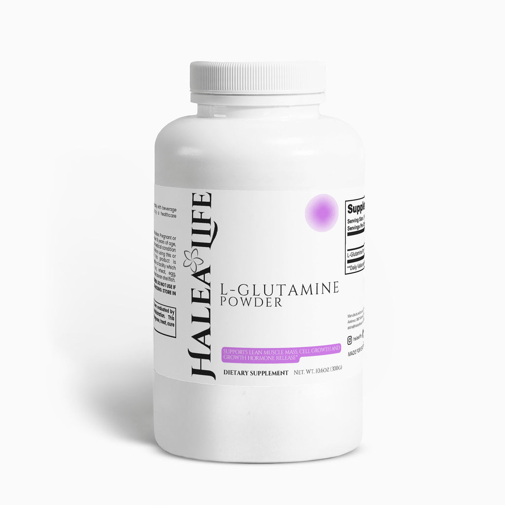 Bottle of Halea Life L-Glutamine Powder on a white background