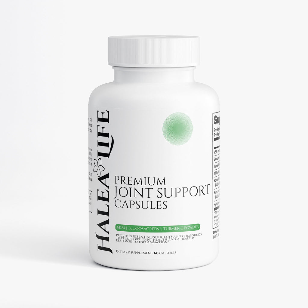 Bottle of Halea Life Premium Joint Support Capsules on a white background