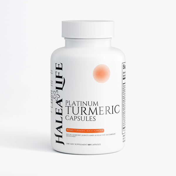 Bottle of Halea Life Platinum Turmeric Capsules on a white background