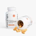 Halea Life Platinum Turmeric Capsules bottle with open lid showing capsules on a white background