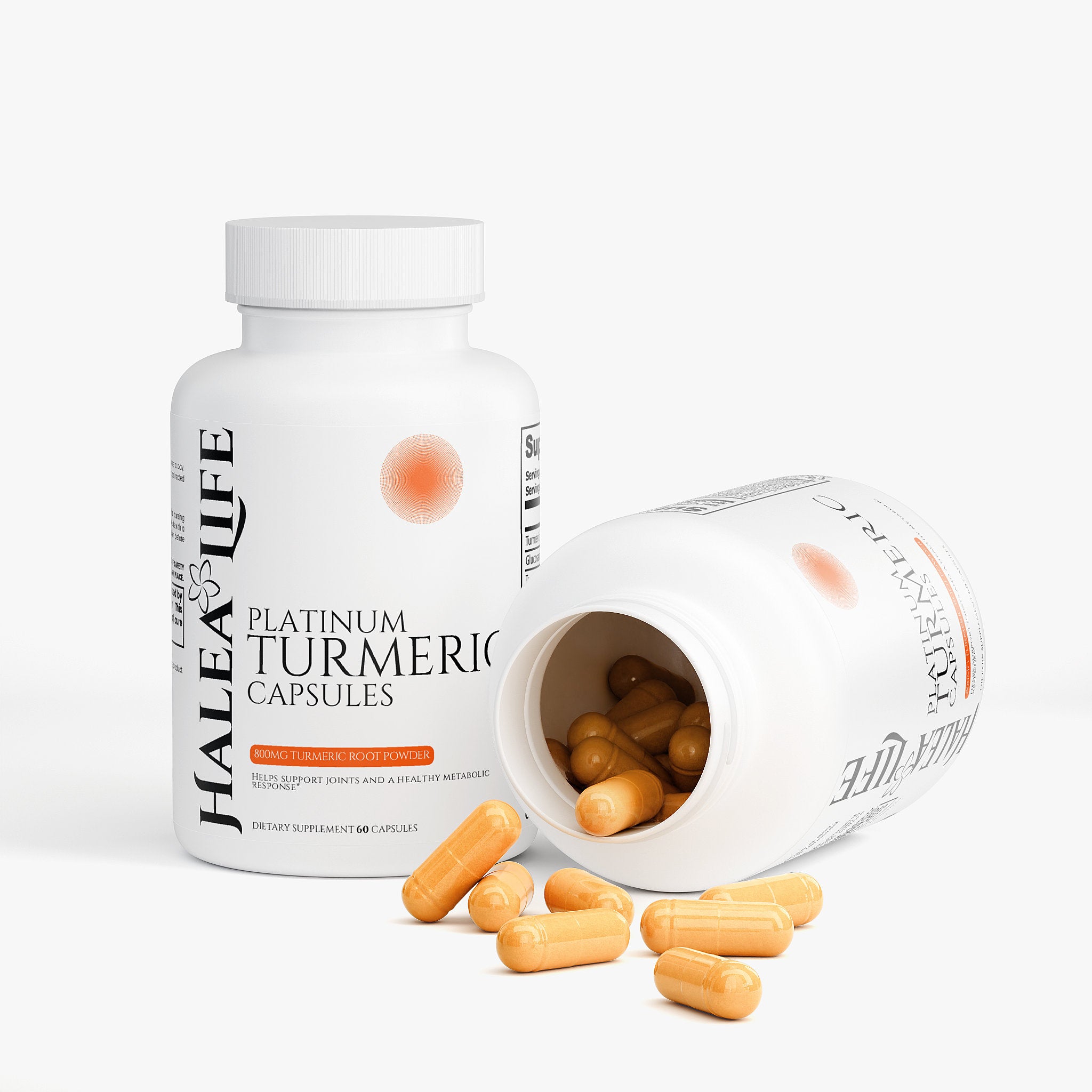 Halea Life Platinum Turmeric Capsules bottle with open lid showing capsules on a white background