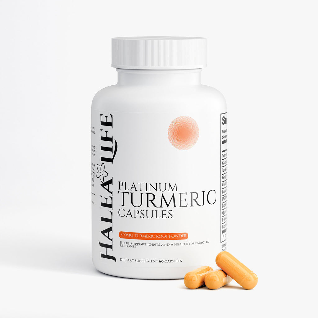 Bottle of Halea Life Platinum Turmeric Capsules with turmeric roots on a white background