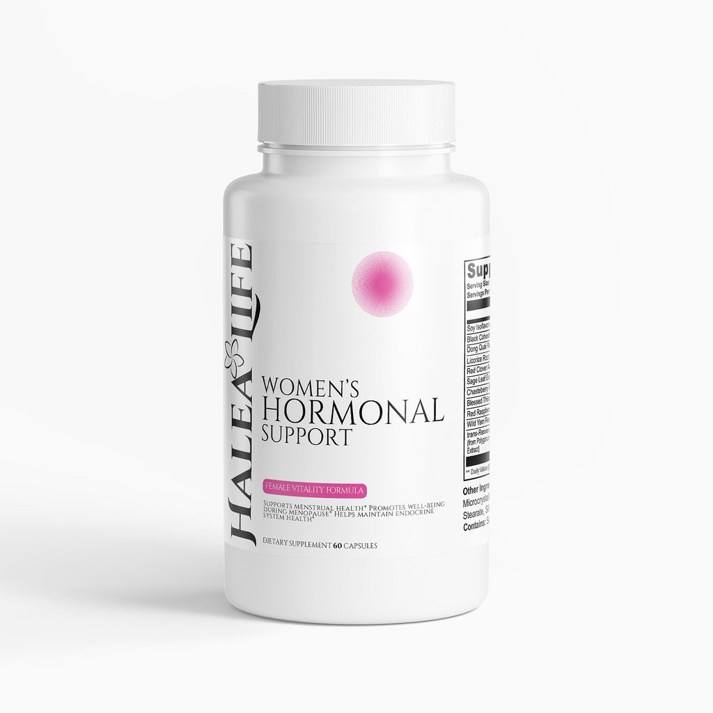 Supplement bottle labeled 'Halea Life Women's Hormonal Support' on a white background