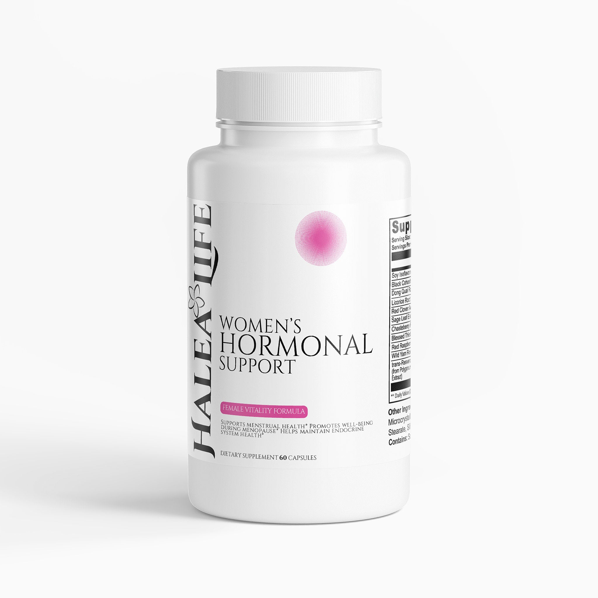 Supplement bottle labeled 'Halea Life Women's Hormonal Support' on a white background