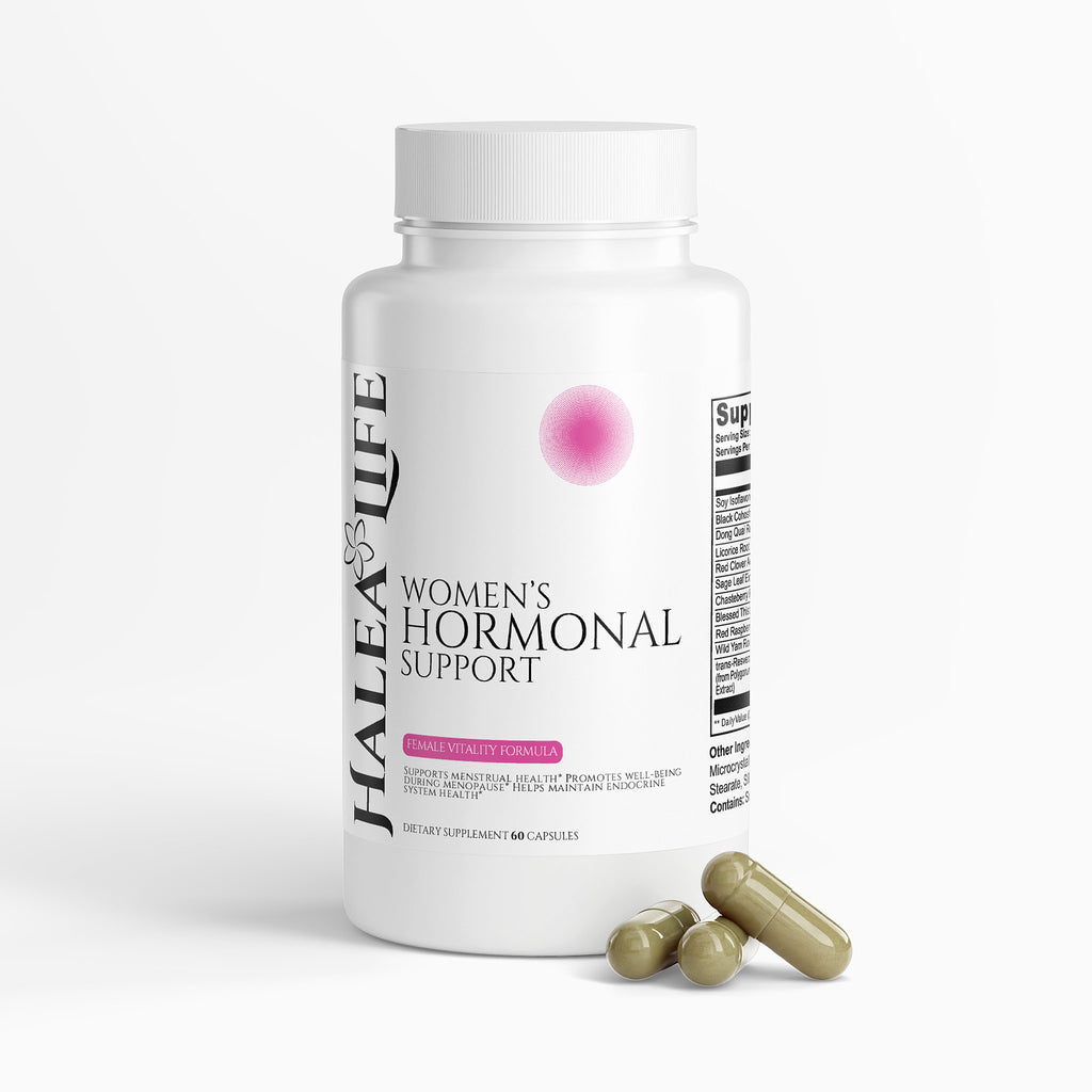 Halea Life Women's Hormonal Support supplement bottle with capsules on a white background