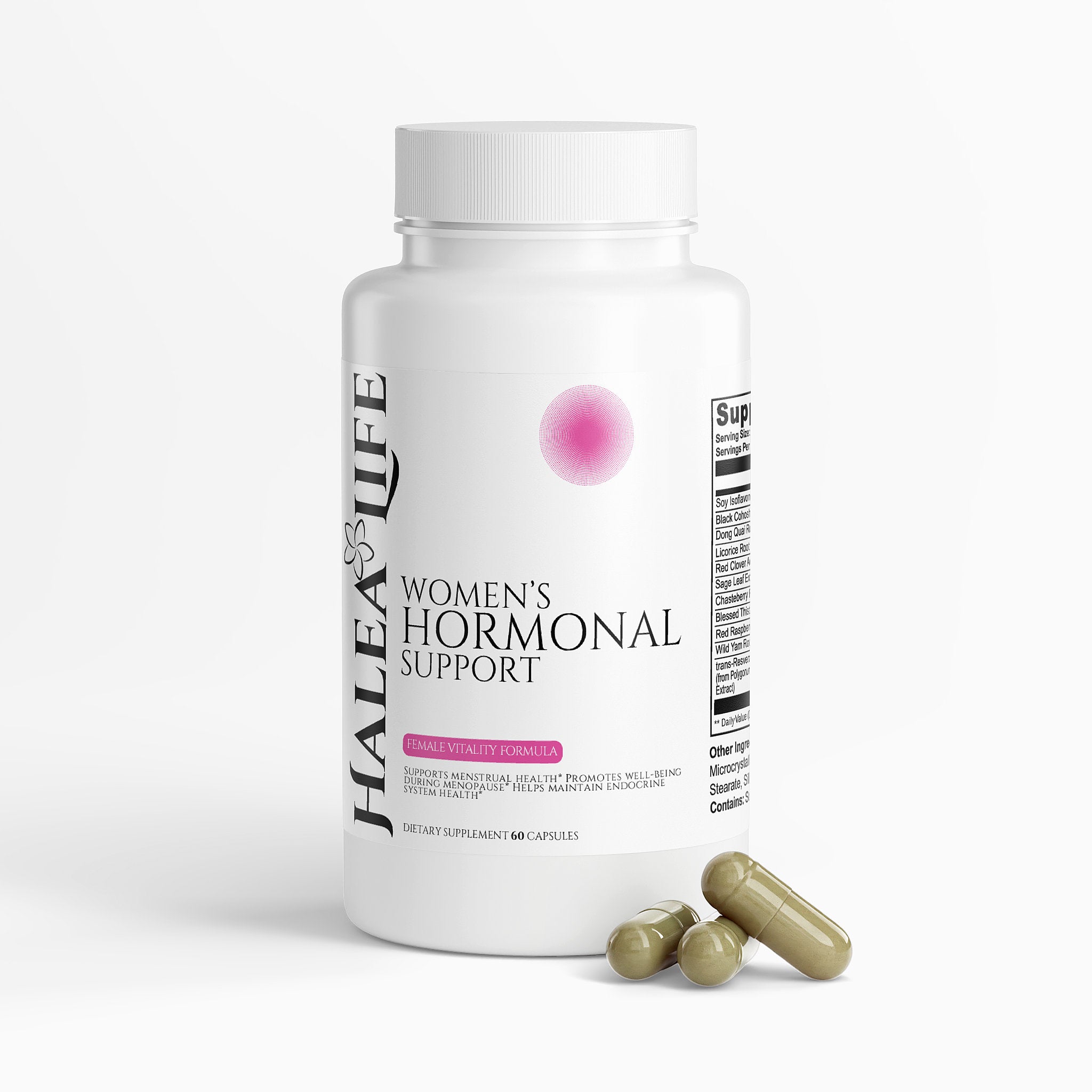 Halea Life Women's Hormonal Support supplement bottle with capsules on a white background