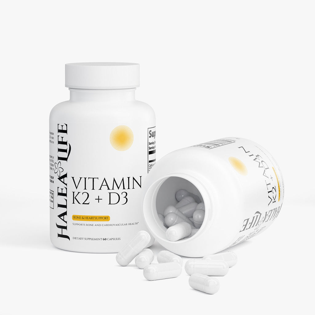 Halea & Life Vitamin K2 + D3 supplement bottle with open cap on a white background