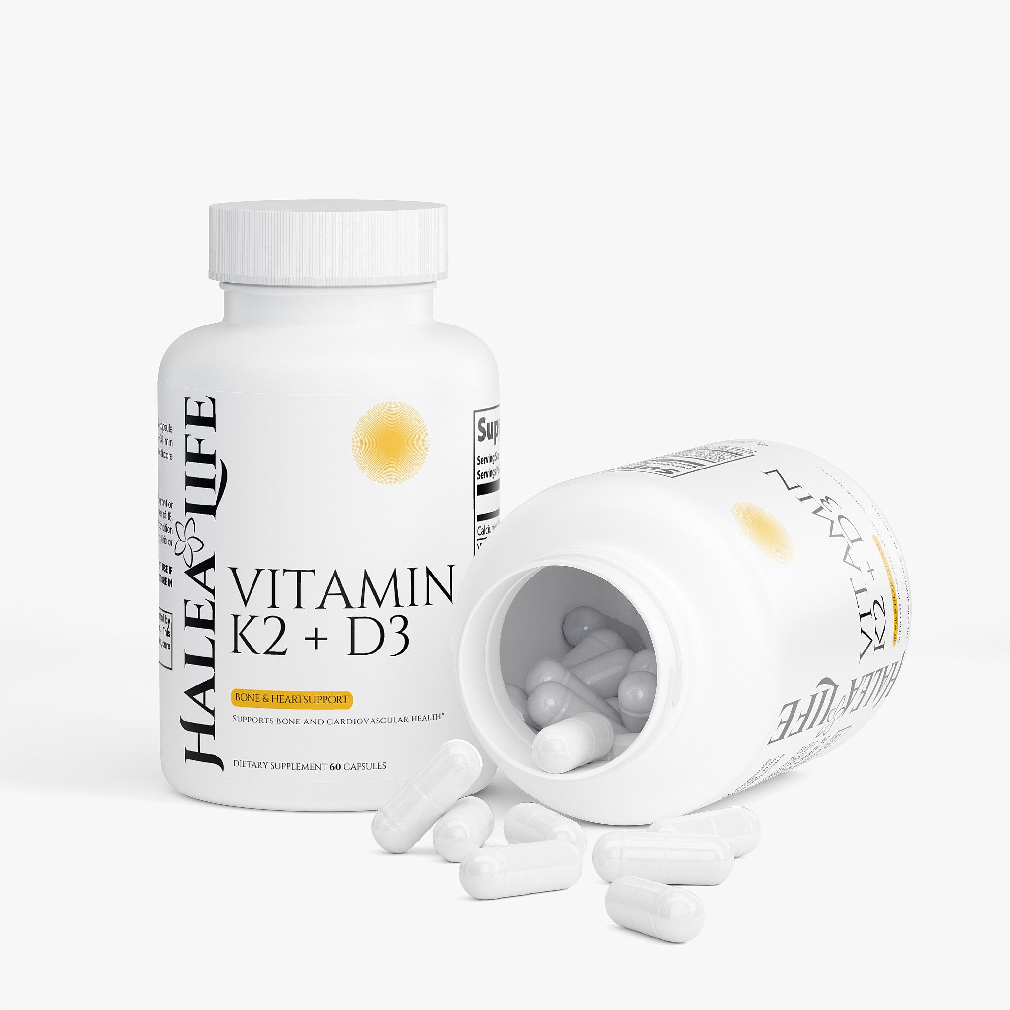 Halea & Life Vitamin K2 + D3 supplement bottle with open cap on a white background
