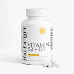 Vitamin K2 + D3 supplement bottle with capsules on a white background