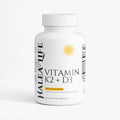 Supplement bottle labeled 'Vitamin K2 + D3' by Halea Life on a white background
