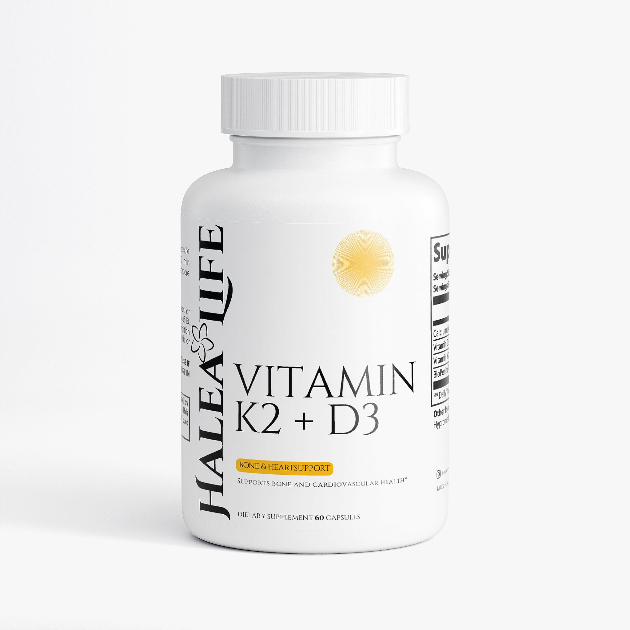 Supplement bottle labeled 'Vitamin K2 + D3' by Halea Life on a white background