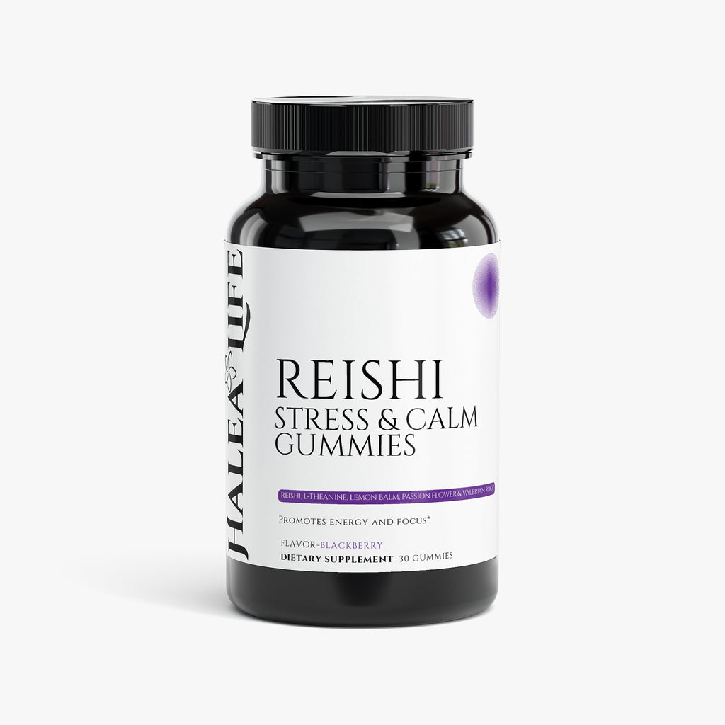 Reishi Stress & Calm Gummies bottle Reishi, L-Theanine, Lemon Balm, Passion Flower and Valerian Root blend