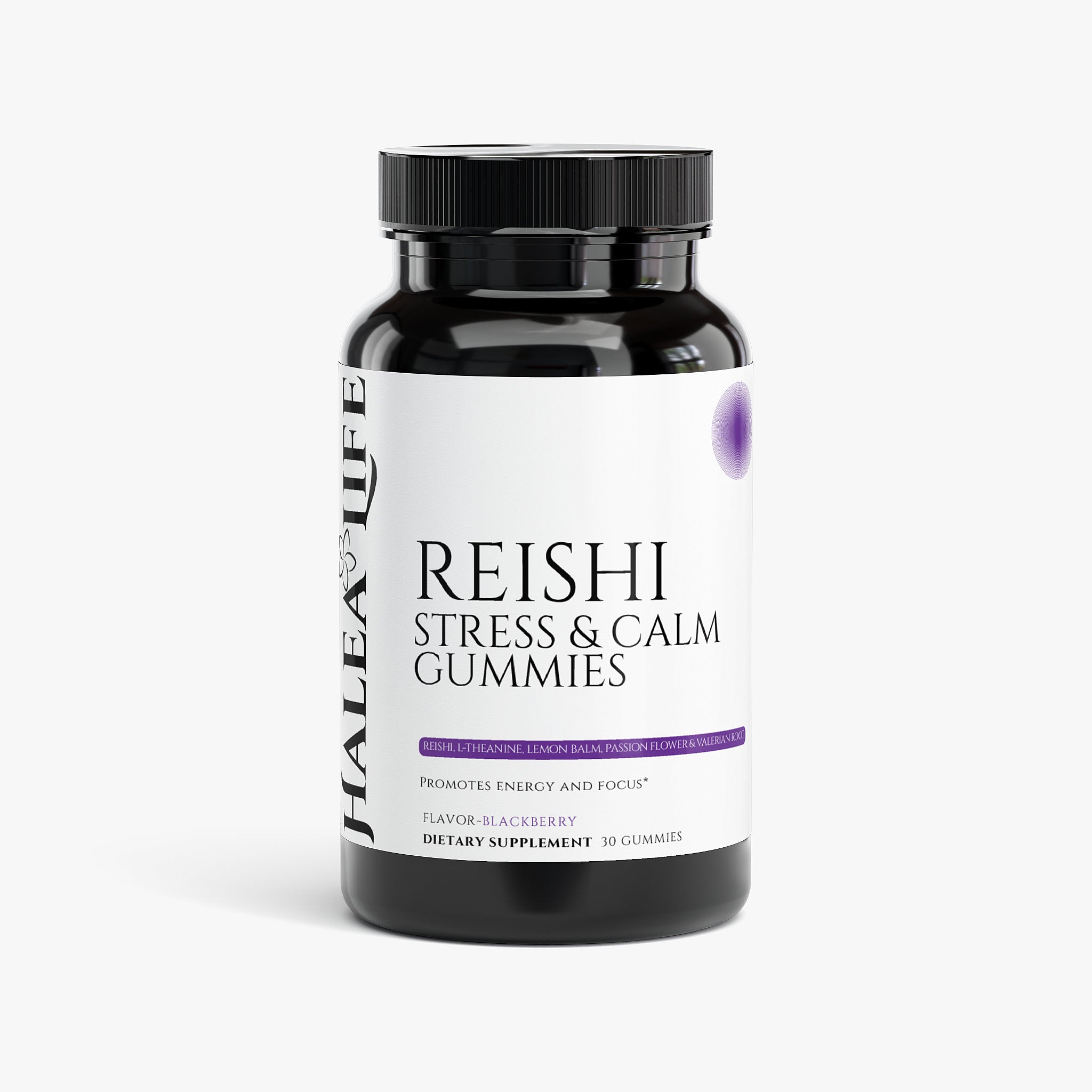 Reishi Stress & Calm Gummies bottle Reishi, L-Theanine, Lemon Balm, Passion Flower and Valerian Root blend