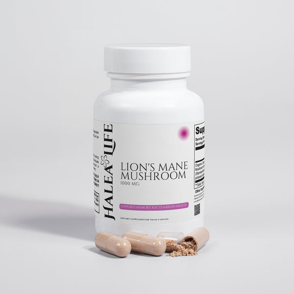 Halea Life Lions Mane Mushroom capsules with hericenones for neuroplasticity and brain health support