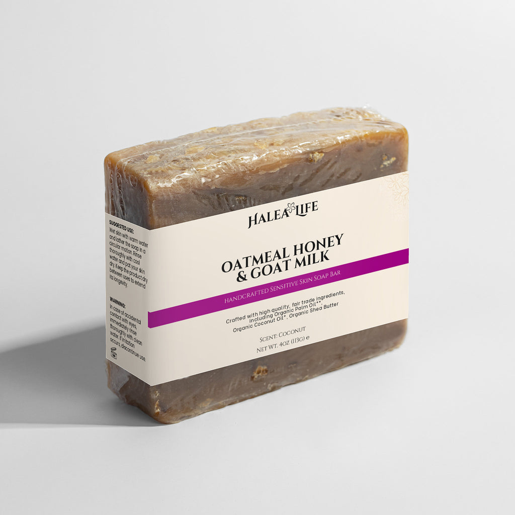 Halea Life Oatmeal Honey Goat Milk Soap Bar ingredients and texture for skin hydration and calming