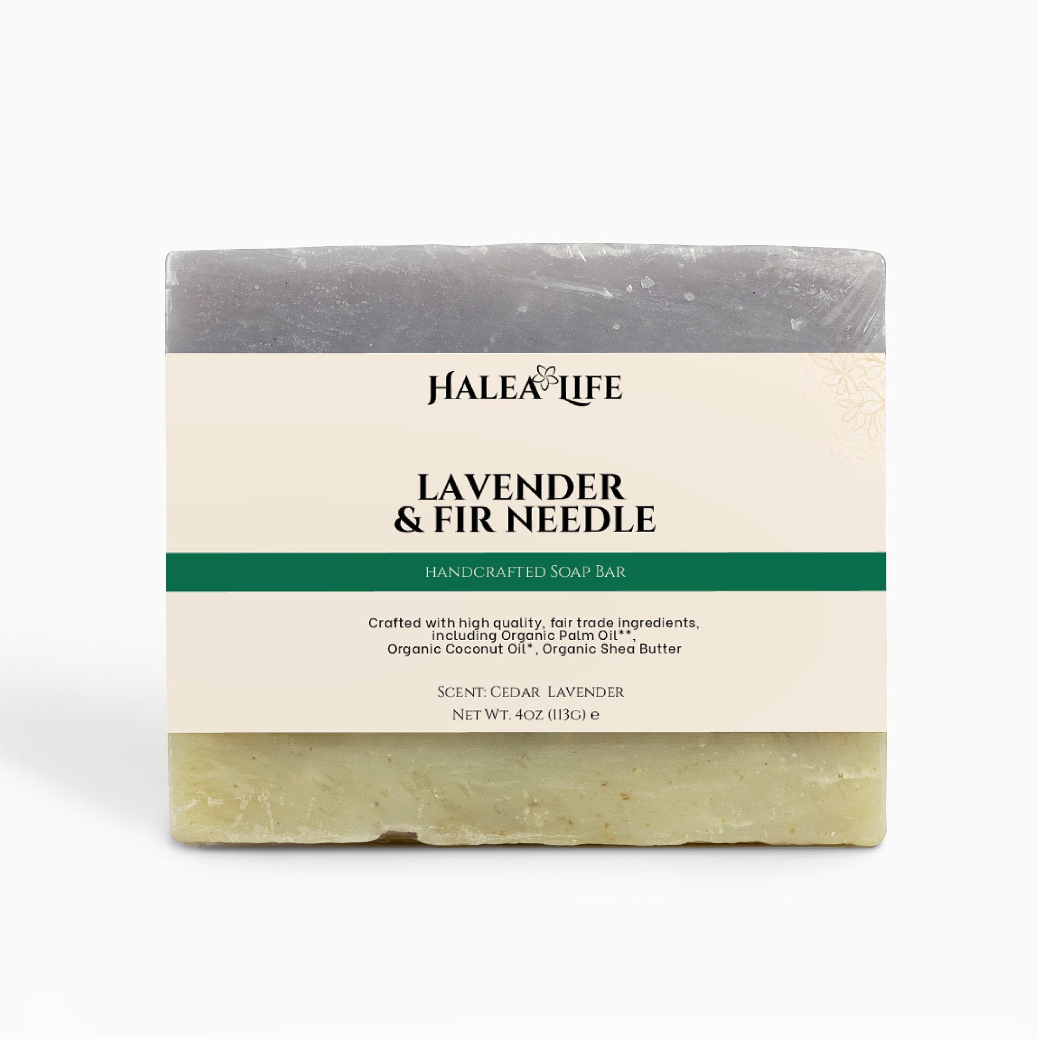 Halea Life Lavender and Fir Needle Soap Bar with essential oils and natural parsley powder color