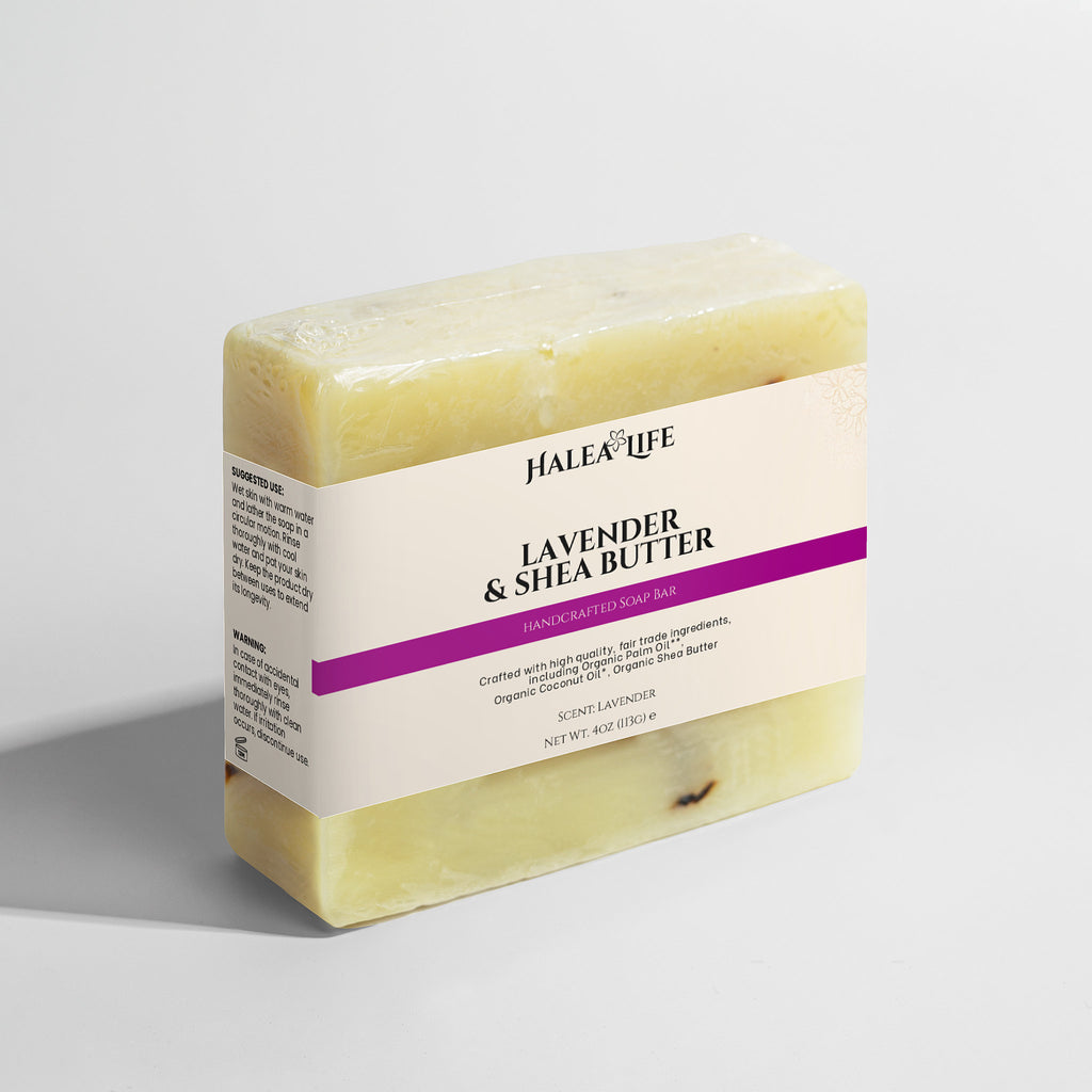 Halea Life Lavender Shea Soap Bar with organic base and visible lavender buds for skin nourishment