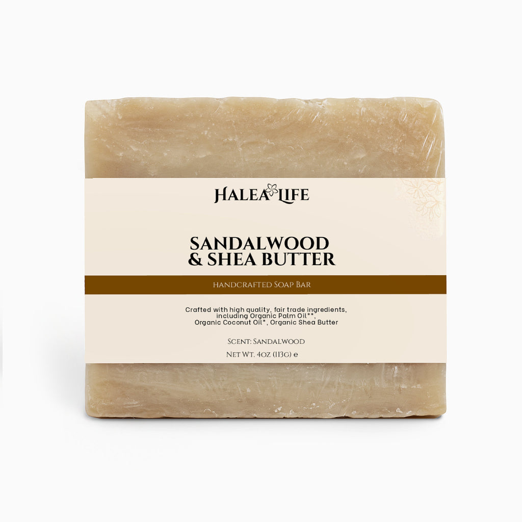Halea Life Sandalwood and Shea Soap Bar with warm sandalwood fragrance and organic shea butter