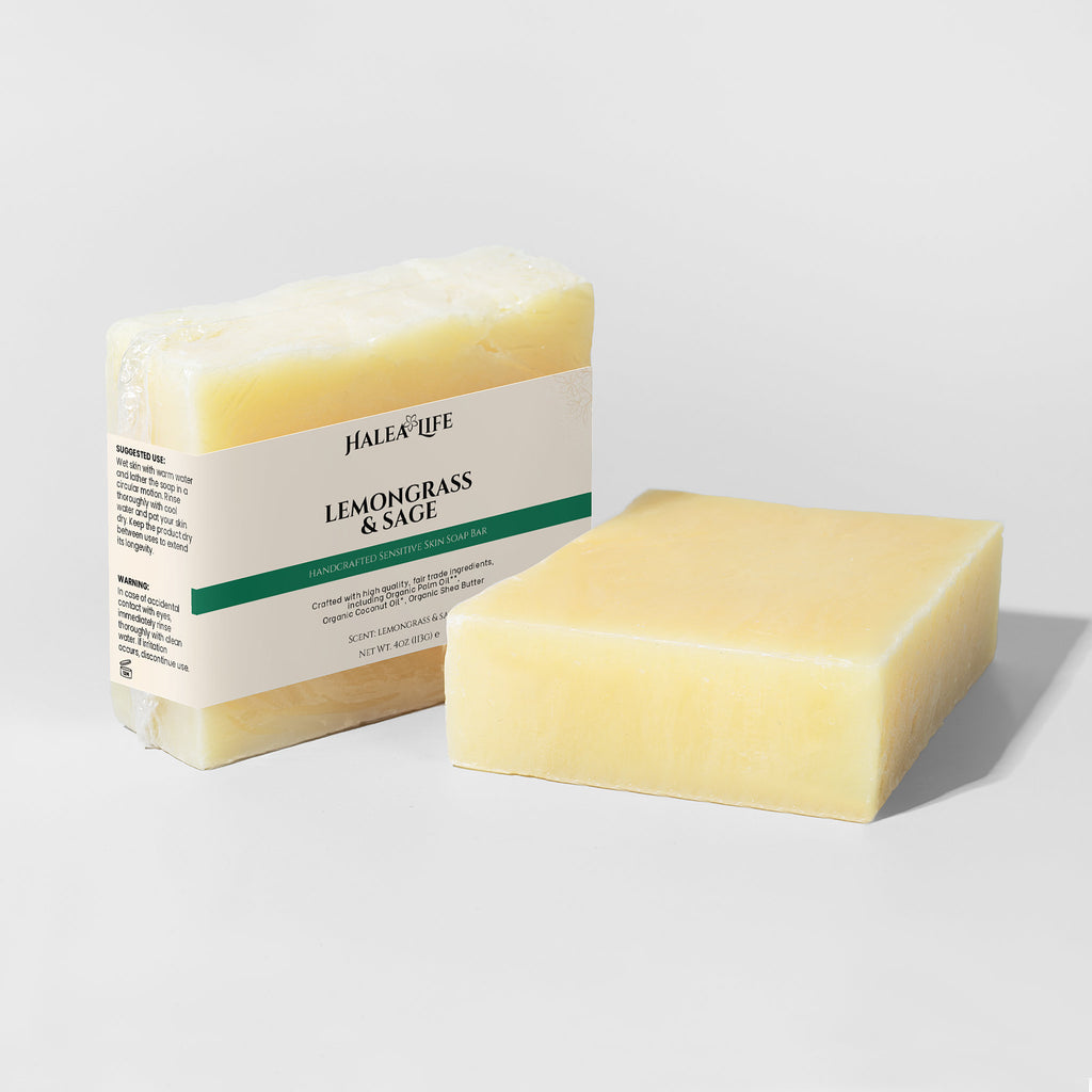 Halea Life Lemongrass Sage Soap Bar with fair trade organic oil base for fragrance-sensitive skin cleansing