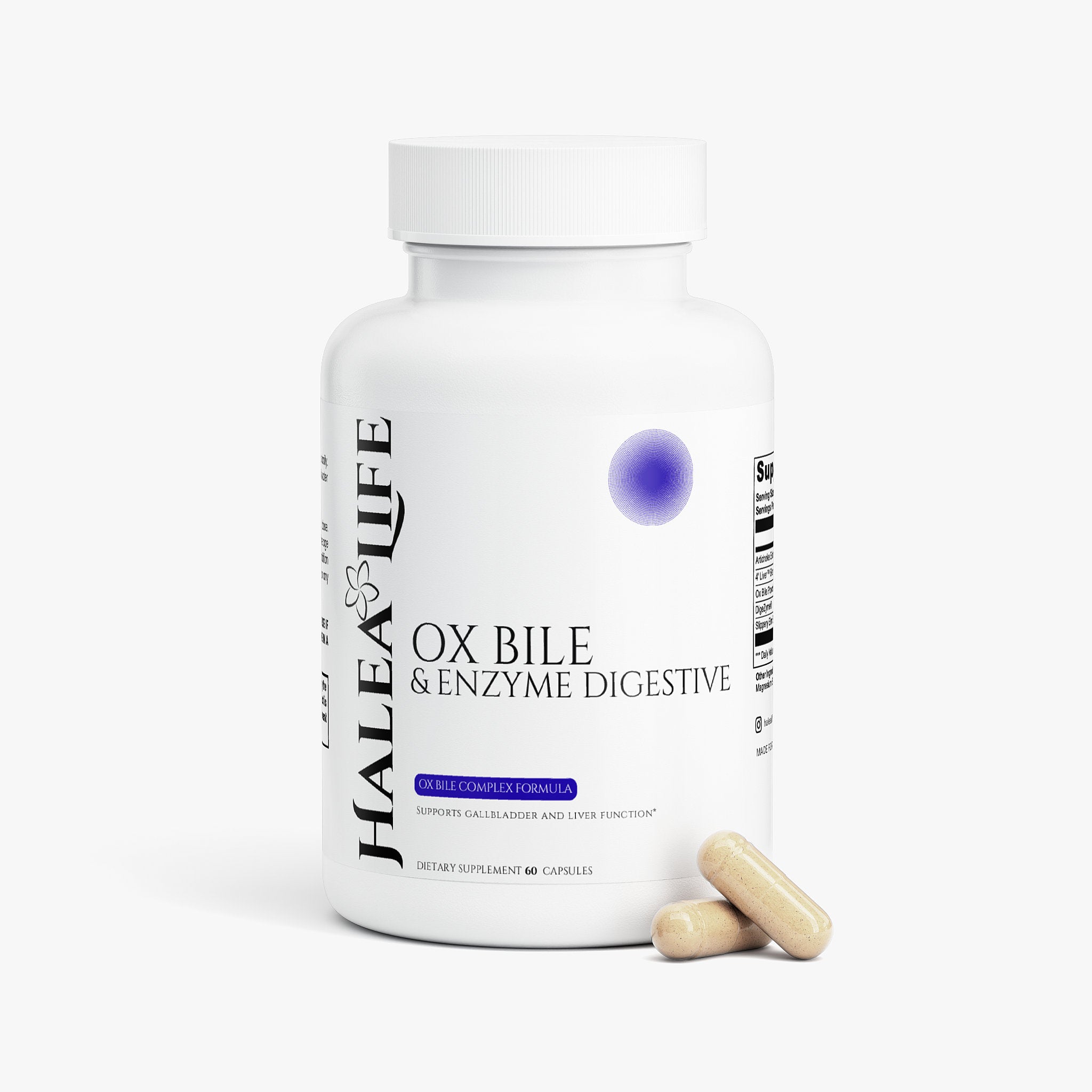 Halea Life Ox Bile Enzyme Digestive Complex 3-Pack label detail artichoke extract and bile acids