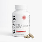 Supplement bottle labeled 'HALEA LIFE Normal Blood Sugar Support' with capsules on a white background