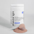 Container of Halea Life hydrolyzed collagen peptides with a scoop of powder on a light gray background