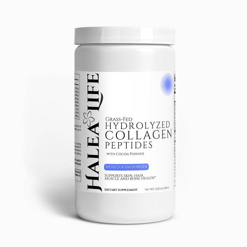 Container of Halea Life grass-fed hydrolyzed collagen peptides on a white background