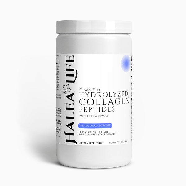 Container of Halea Life grass-fed hydrolyzed collagen peptides on a white background