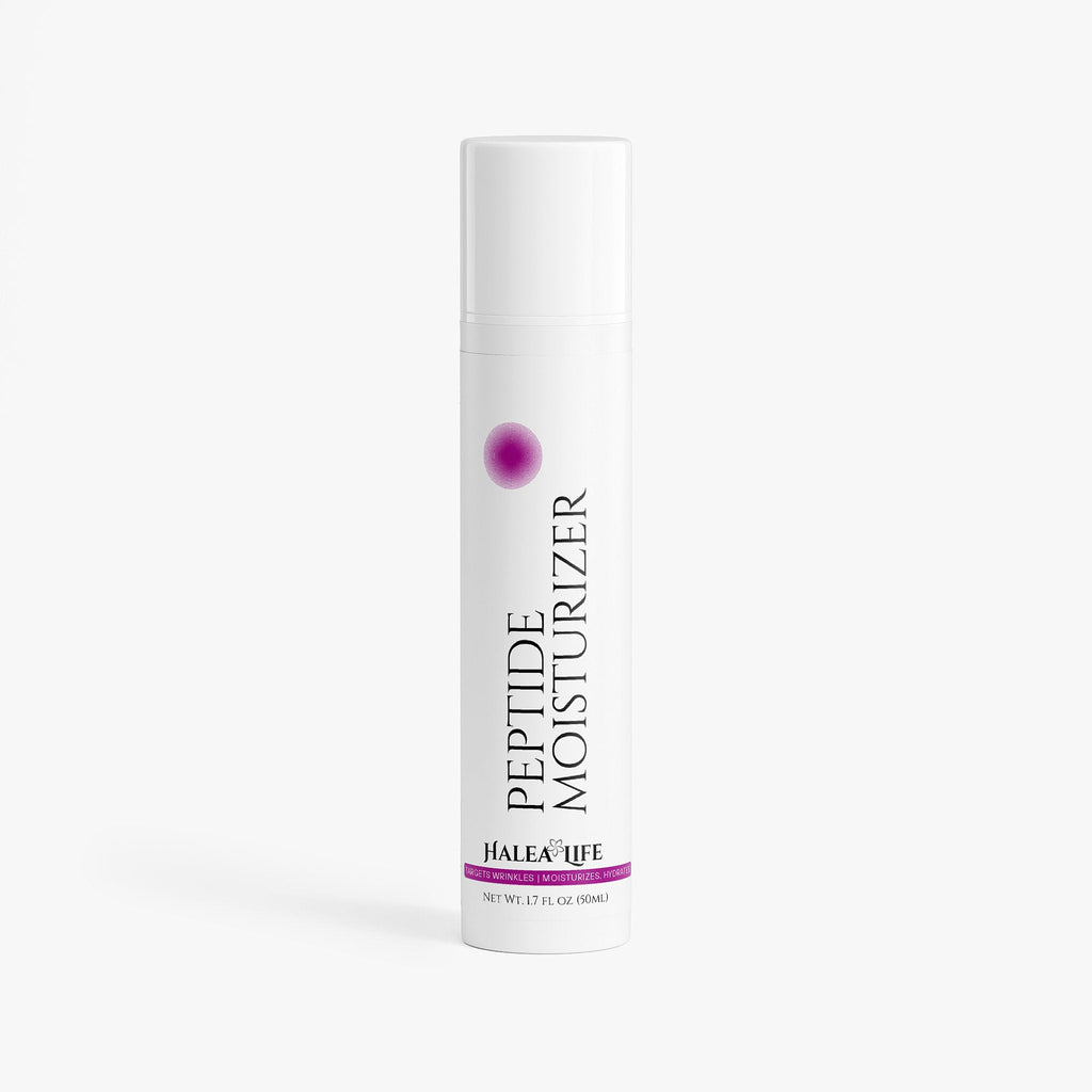 Peptide moisturizer bottle with Halea Life branding on a white background