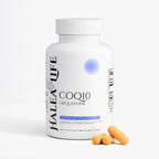 Supplement bottle labeled 'HALEA LIFE COQ10 Ubiquinone' with capsules on a white background