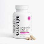 Halea Life Hair Skin Nails Essentials 3-Pack supplement label with biotin 5000mcg and iron 14.5mg