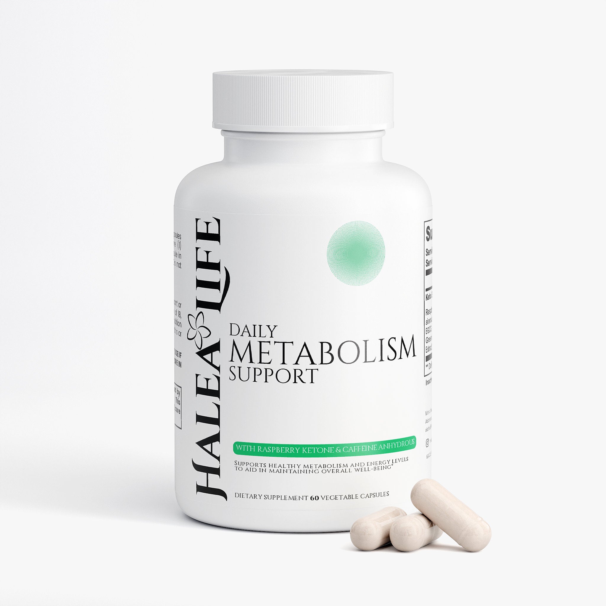 Halea Life Daily Metabolism Support supplement bottle with capsules on a white background
