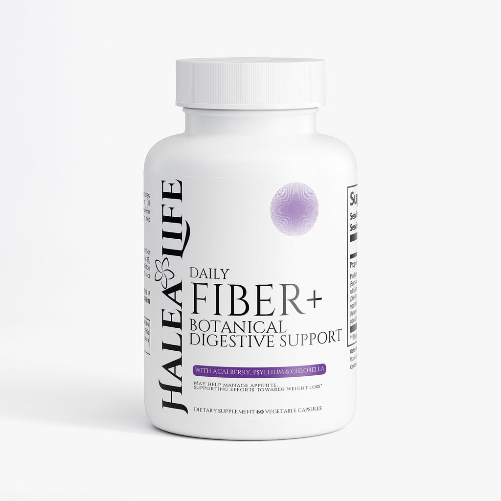 Halea Life Daily Fiber and Botanical Digestive Support capsules front label for gut regularity and fiber intake