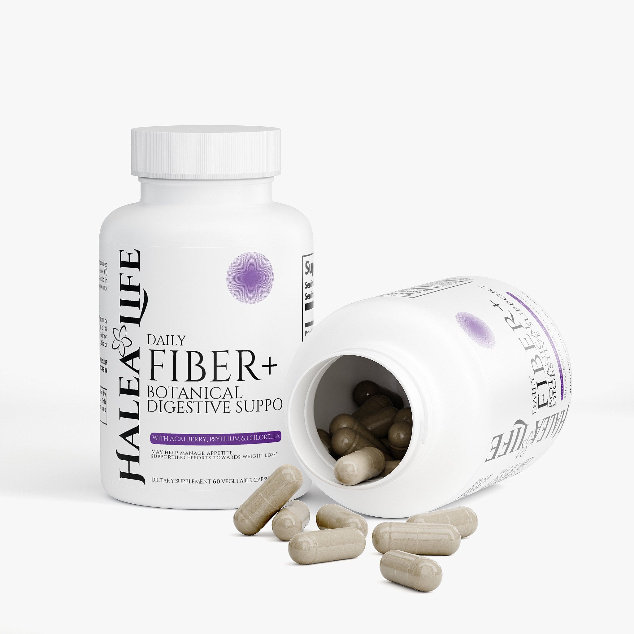 Halea Life Daily Fiber Botanical Digestive Support label detail showing botanical blend and daily fiber count