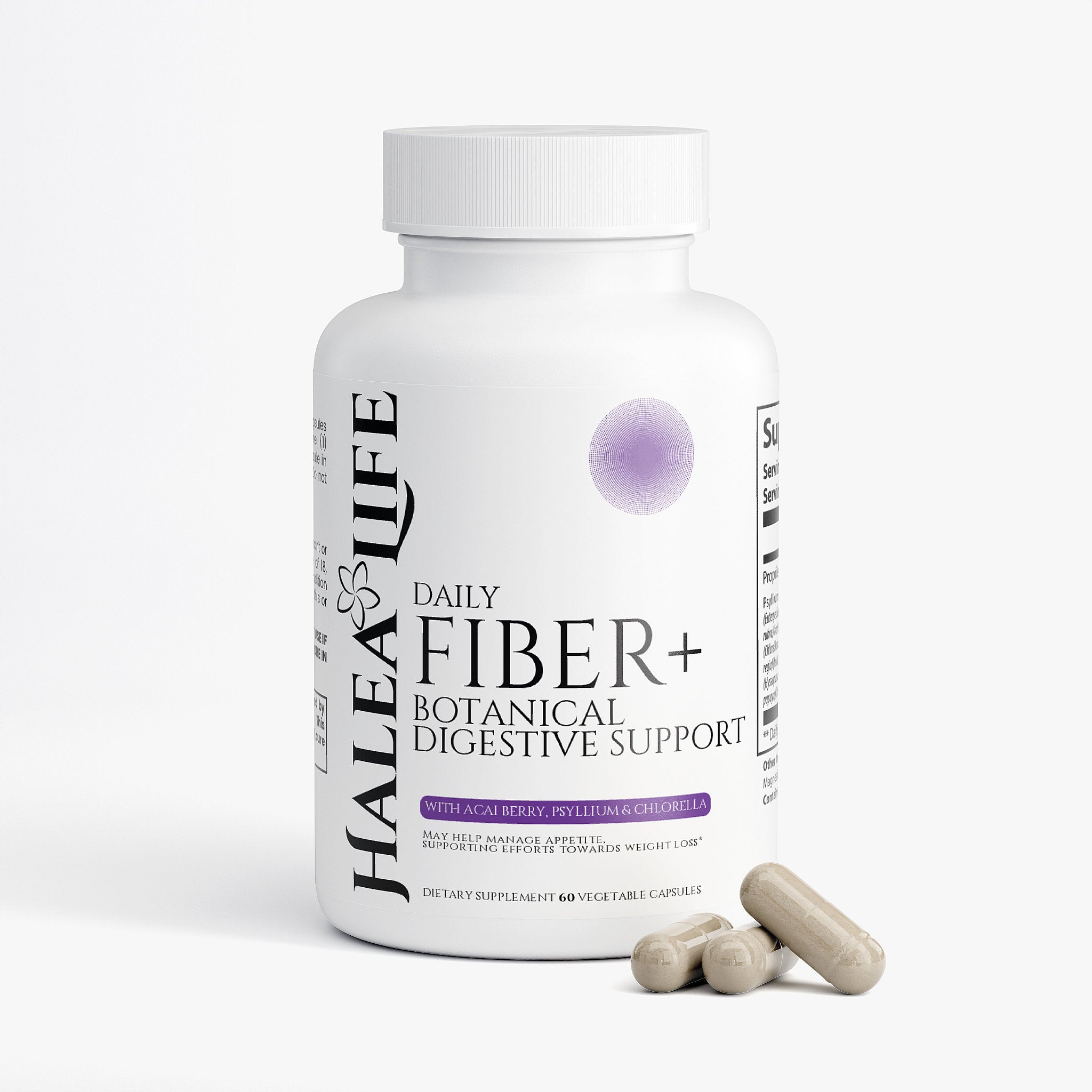 Halea Life Daily Fiber Botanical Digestive Support supplement facts panel with psyllium husk and herbal blend
