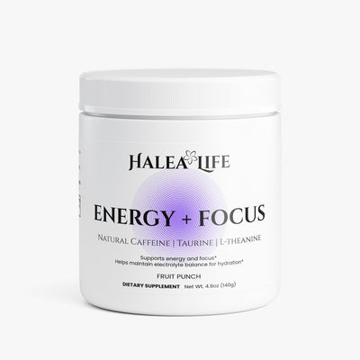 Halea Life Energy Focus Hydration Fruit Punch drink mix with caffeine L-theanine and electrolytes