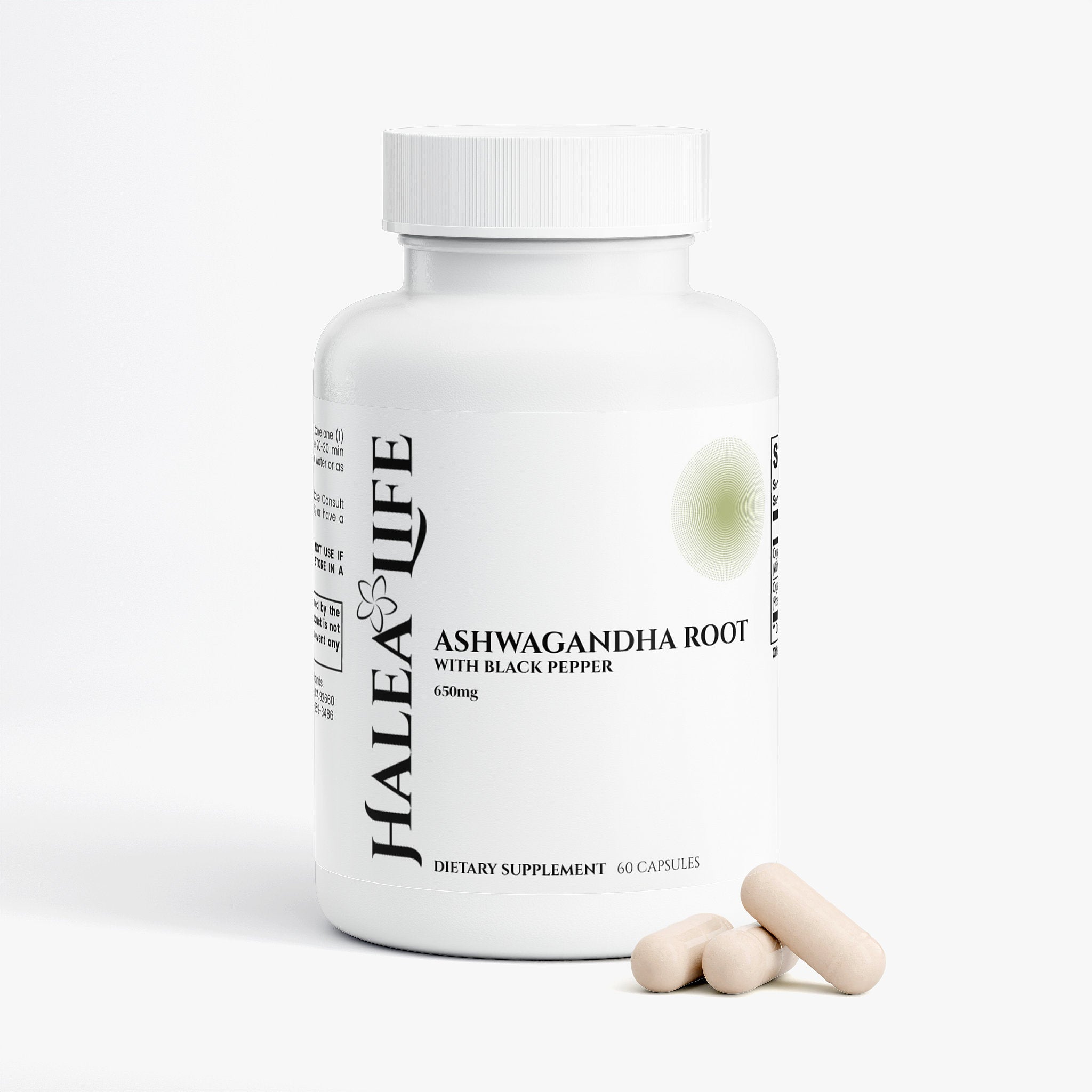 Halea Life Ashwagandha Root supplement bottle with capsules on a white background