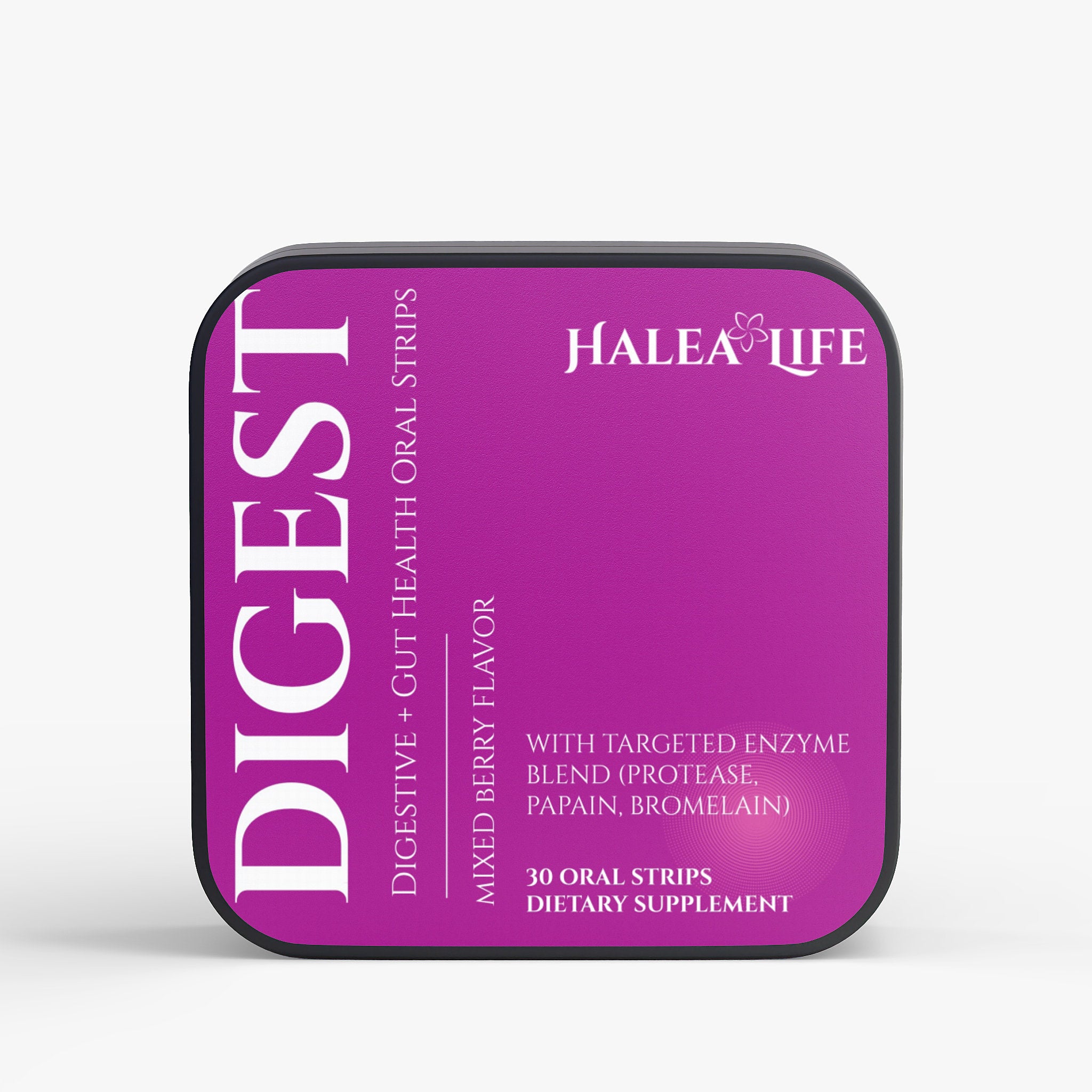 Halea Life Digestive Support Strips front label with probiotic CFU count and enzyme complex per strip